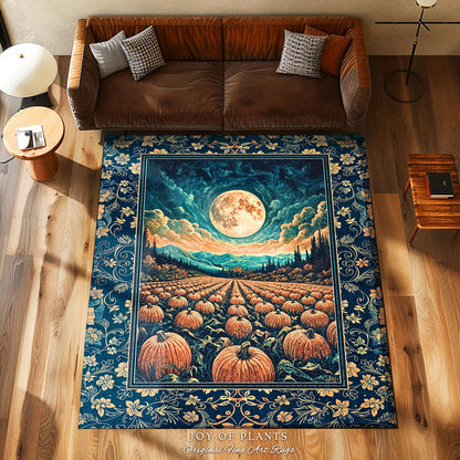 Fall Pumpkin Patch Cozy Bedroom Rug | Whimsical Dark Academia Aesthetic Autumn Accent Rug Rustic Whimsigoth Halloween Aesthetic Witchy Art |