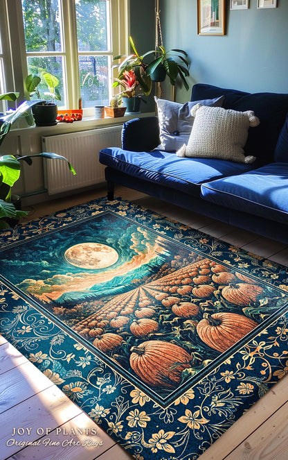 Fall Pumpkin Patch Cozy Bedroom Rug | Whimsical Dark Academia Aesthetic Autumn Accent Rug Rustic Whimsigoth Halloween Aesthetic Witchy Art |