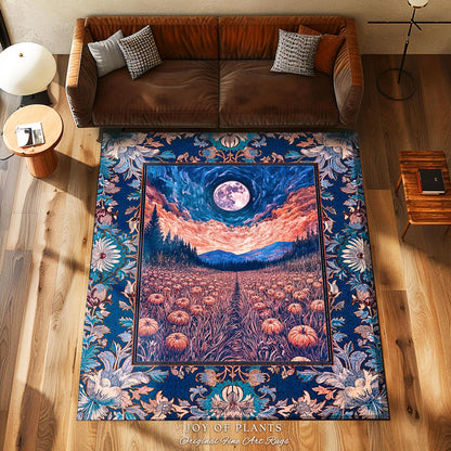 Witchy Night Sky Full Moon Rug | Pastel Fall Decoration Cozy Autumn Accent Rug Pumpkin Patch Whimsigoth Aesthetic Spooky Dark Academia Dorm