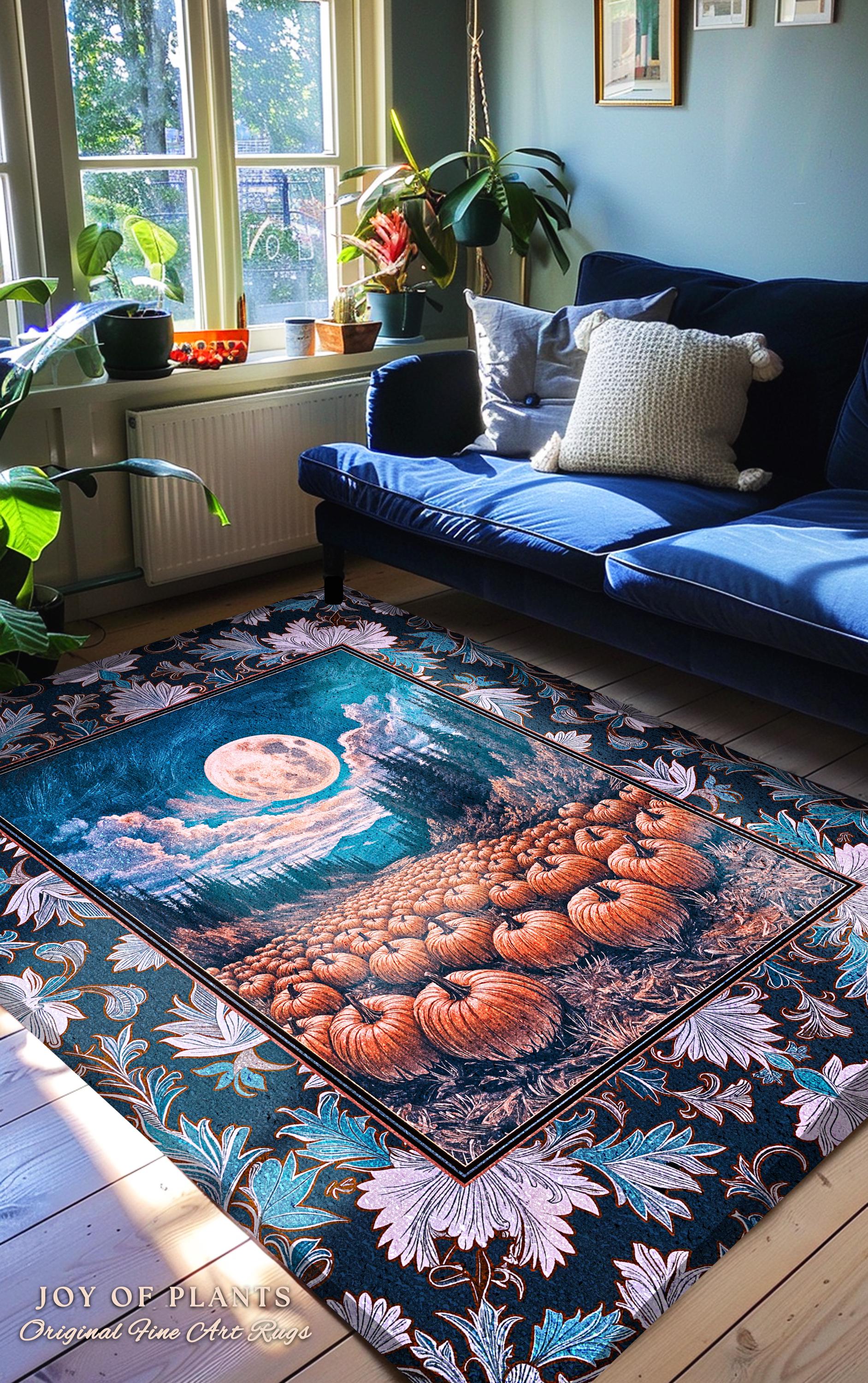 Soft Autumn Aesthetic Pumpkin Rug | Pastel Rustic Fall Bedroom Accent Decor Whimsigoth Full Moon Spooky Season Halloween Gothic Themed Dorm