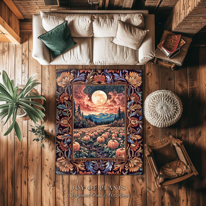 Lunar Night Sky Fall Pumpkin Rug | Autumn Aesthetic Rustic Bedroom Accent Rug Dark Academia Decor Cute Spooky Halloween Vibes Eclectic Style