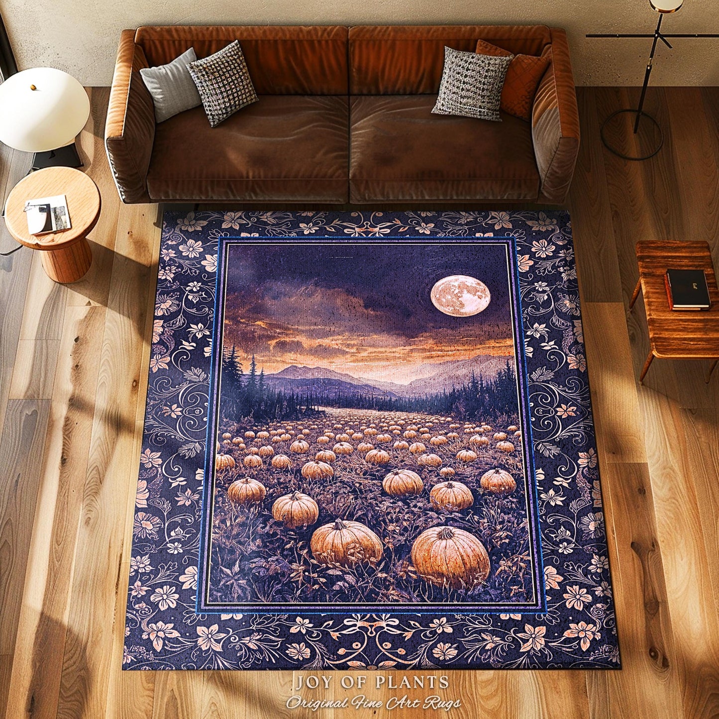 Midnight Purple Moonlit Autumn Rug | Cozy Pumpkin Decor Rustic Halloween Aesthetic Whimsigoth Dark Academia Fall Vibes Witchy Room Accent |