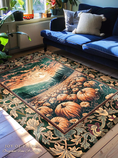 Magic Celestial Moon Accent Rug | Cute Spooky Halloween Night Sky Area Rug Rustic Pumpkin Fall Academia Aesthetic Whimsigoth Baroque Art |