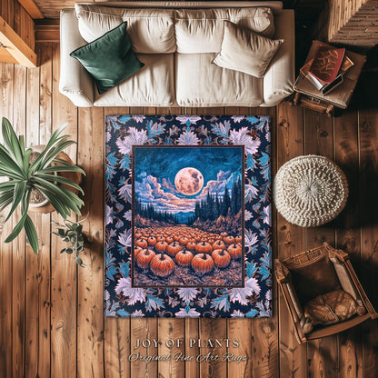 Soft Autumn Aesthetic Pumpkin Rug | Pastel Rustic Fall Bedroom Accent Decor Whimsigoth Full Moon Spooky Season Halloween Gothic Themed Dorm