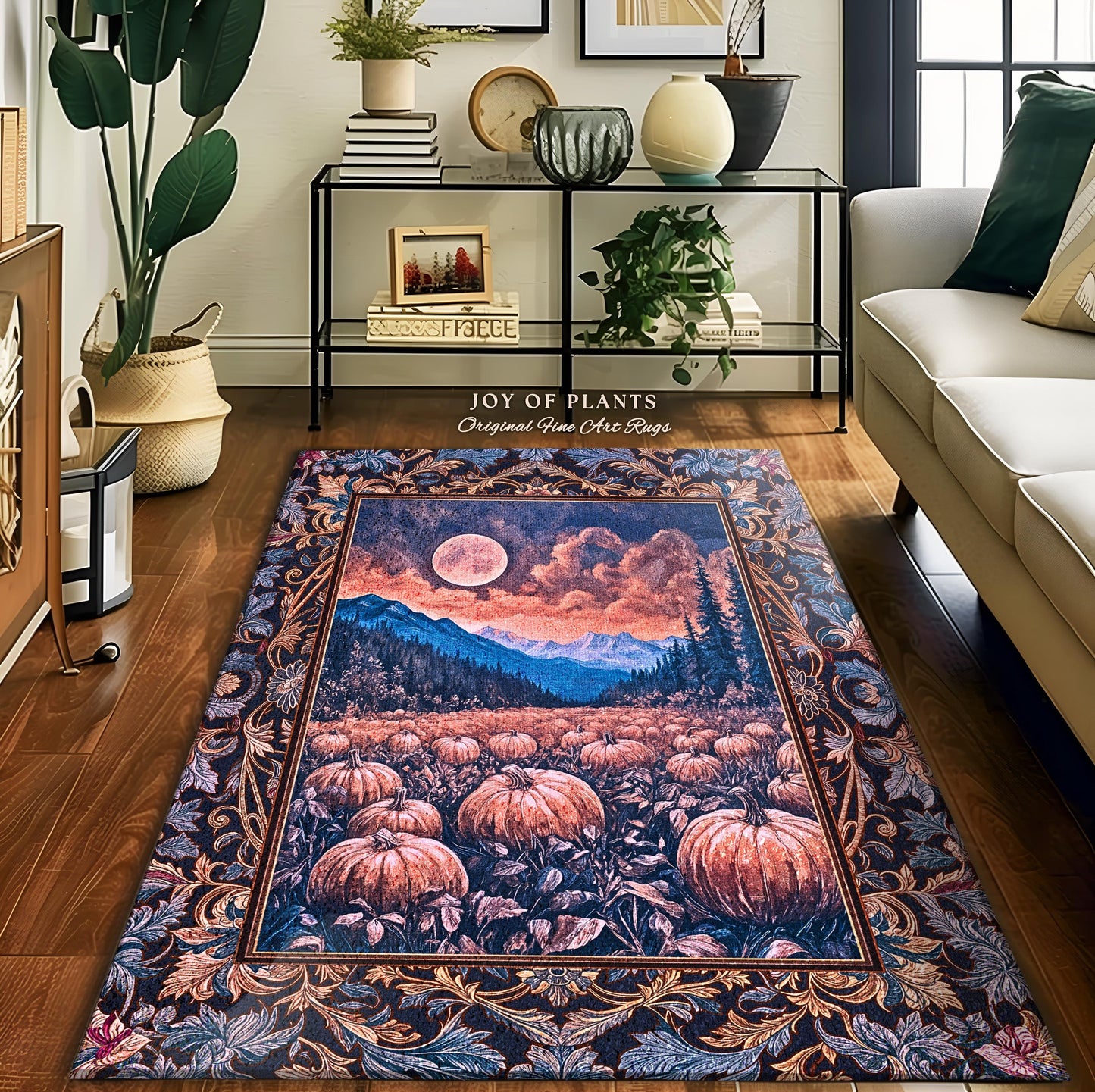 Pastel Dusk Moon Accent Rug | Autumn Aesthetic Gothiccore Bedroom Area Rug Whimsigoth Pumpkin Patch Decor Fall Accent Rustic Halloween Style