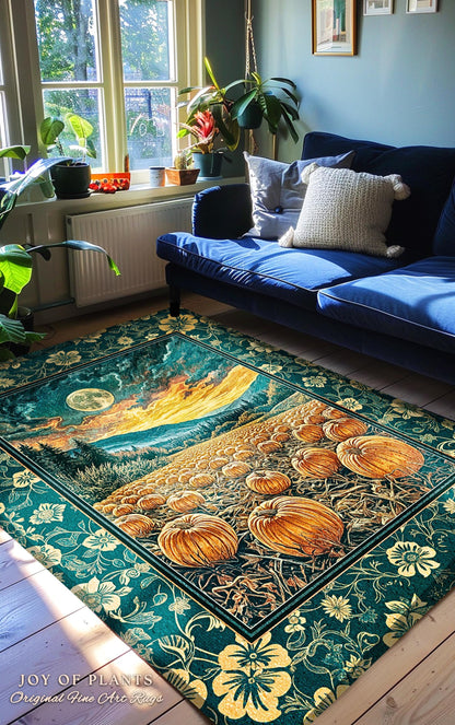 Colorful Ethereal Pumpkin Cozy Fall Rug | Spooky Season Gothiccore Whimsigoth Decor Autumn Aesthetic Rustic Academia Rustic Accent Full Moon