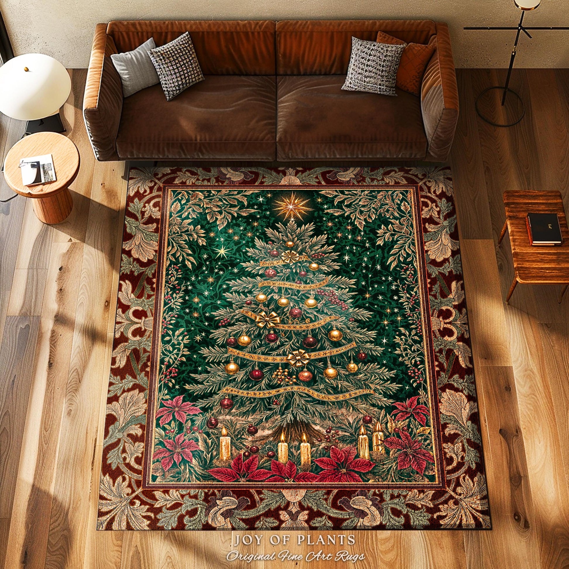 Regal Christmas Tree Poinsettia Rug | Vintage Xmas Home Decor Accent Cozy Winter Decor Festive Cottagecore Throw Rustic Holiday Traditional
