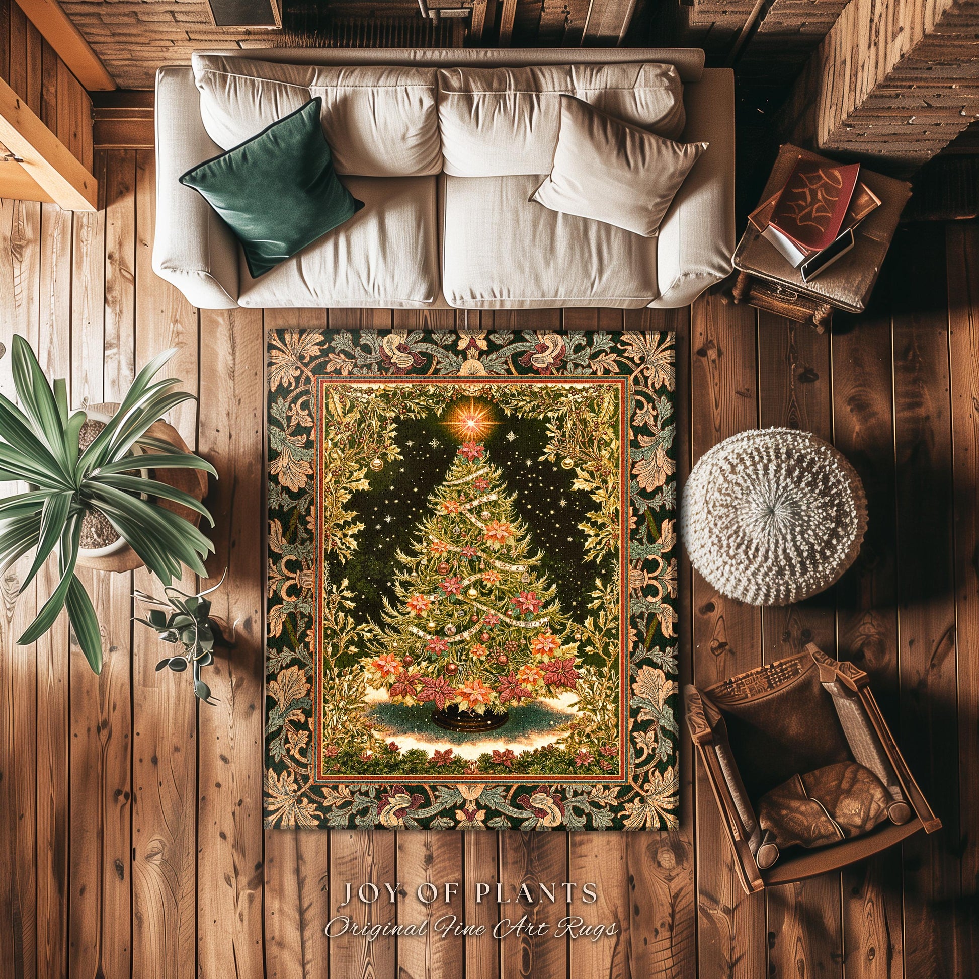 Golden Light Elegant Holiday Rug | Baroque Christmas Home Decor Floral Tree Festive Accent Ornate Decor Cozy Vintage Holiday Aesthetic Style