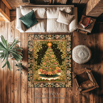 Golden Light Elegant Holiday Rug | Baroque Christmas Home Decor Floral Tree Festive Accent Ornate Decor Cozy Vintage Holiday Aesthetic Style