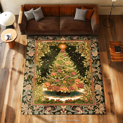 Golden Light Elegant Holiday Rug | Baroque Christmas Home Decor Floral Tree Festive Accent Ornate Decor Cozy Vintage Holiday Aesthetic Style