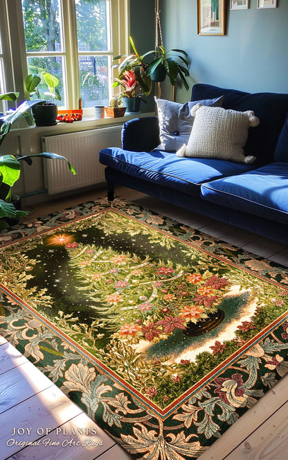 Golden Light Elegant Holiday Rug | Baroque Christmas Home Decor Floral Tree Festive Accent Ornate Decor Cozy Vintage Holiday Aesthetic Style