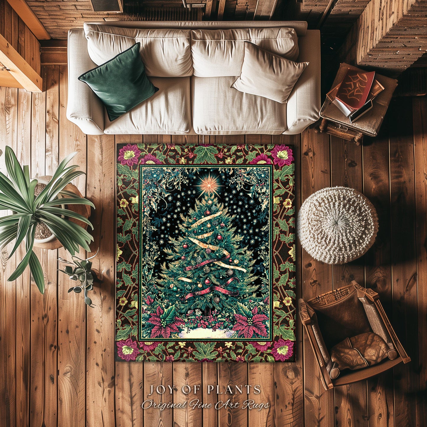 Nostalgic Christmas Tree Area Rug | Classic Aesthetic Holiday Accent Cozy Starry Night Rug Vintage Winter Decor Cottagecore Style Ornate |