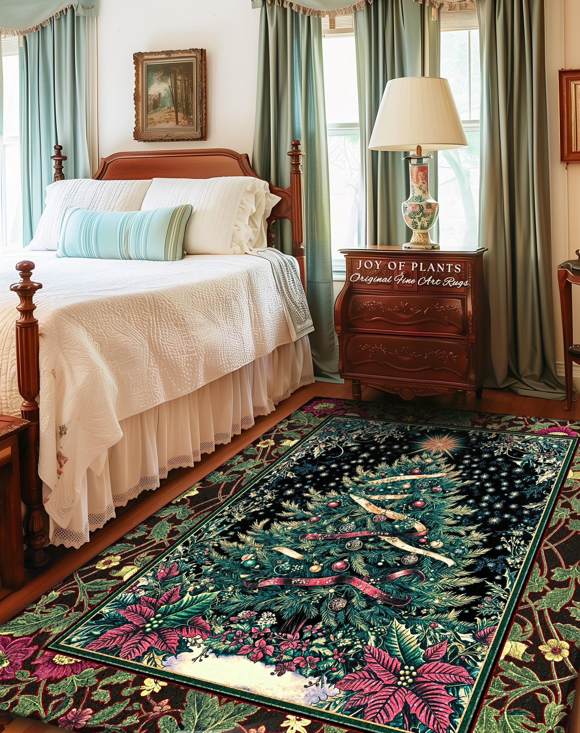 Nostalgic Christmas Tree Area Rug | Classic Aesthetic Holiday Accent Cozy Starry Night Rug Vintage Winter Decor Cottagecore Style Ornate |