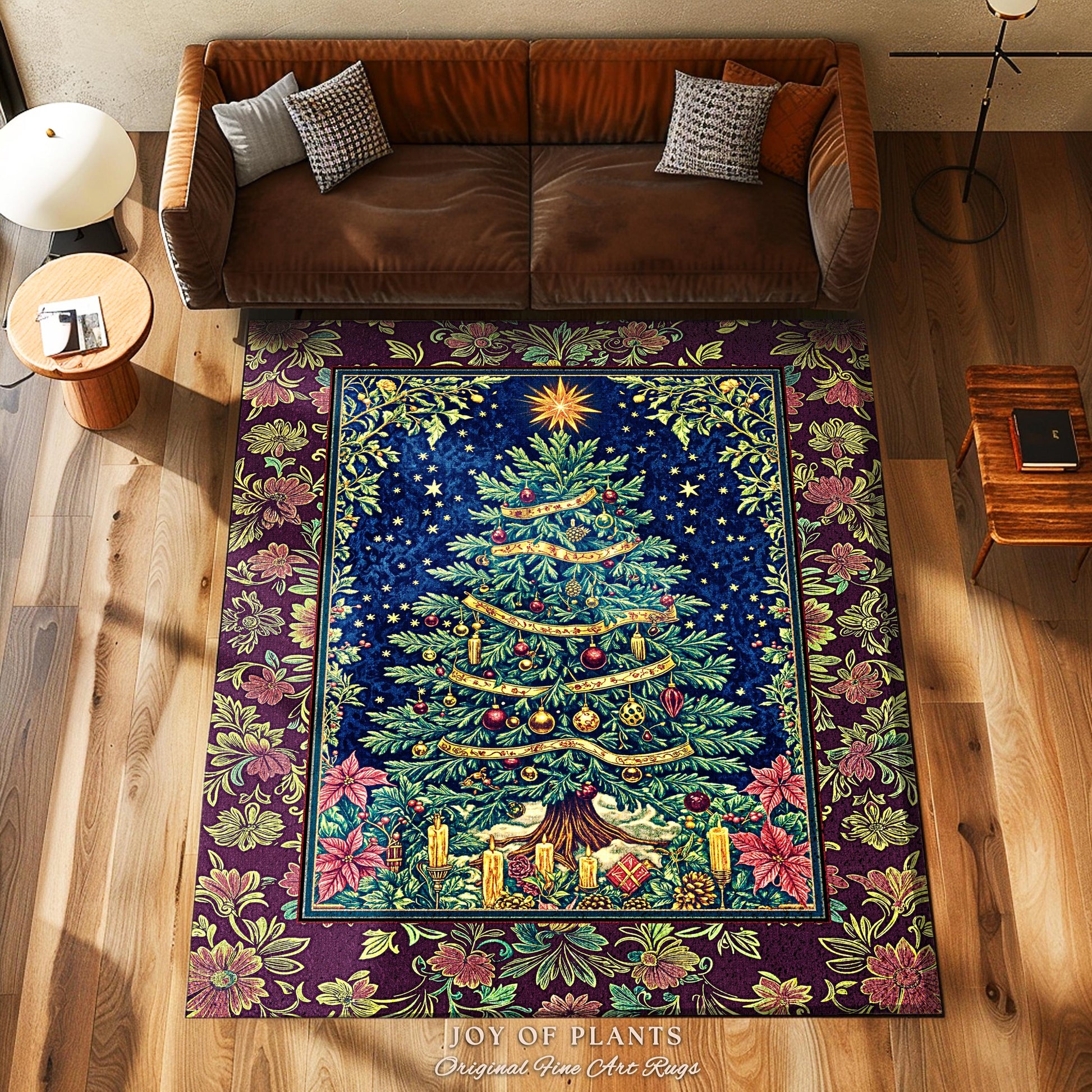 Rustic Holiday Xmas Tree Rug | Cozy Cottagecore Holiday Home Accent Vintage Glow Winter Decor Poinsettia Maximalist Xmas Festive Winter Art