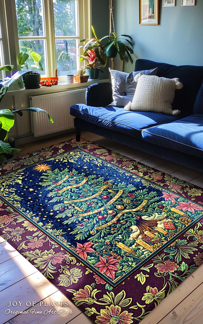 Rustic Holiday Xmas Tree Rug | Cozy Cottagecore Holiday Home Accent Vintage Glow Winter Decor Poinsettia Maximalist Xmas Festive Winter Art