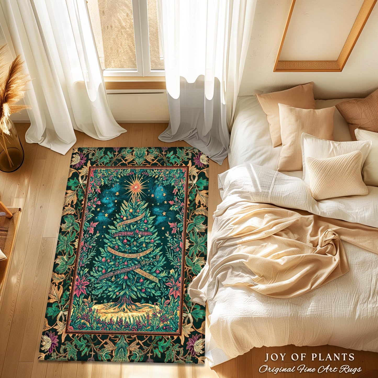 Twinkling Stars Holiday Tree Rug | Christmas Area Rug Whimsical Gold Ornament Evergreen Decor Traditional Ornate Winter Home Festive Look |