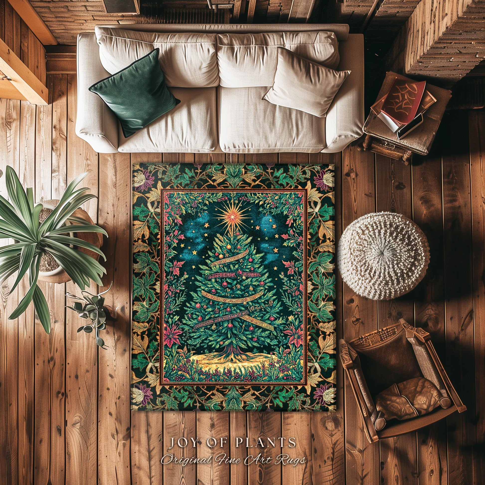 Twinkling Stars Holiday Tree Rug | Christmas Area Rug Whimsical Gold Ornament Evergreen Decor Traditional Ornate Winter Home Festive Look |