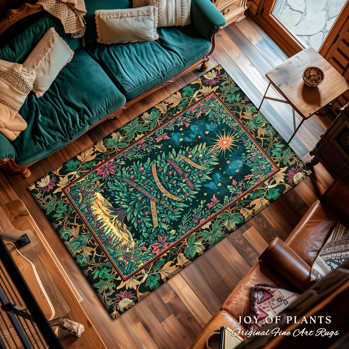 Twinkling Stars Holiday Tree Rug | Christmas Area Rug Whimsical Gold Ornament Evergreen Decor Traditional Ornate Winter Home Festive Look |