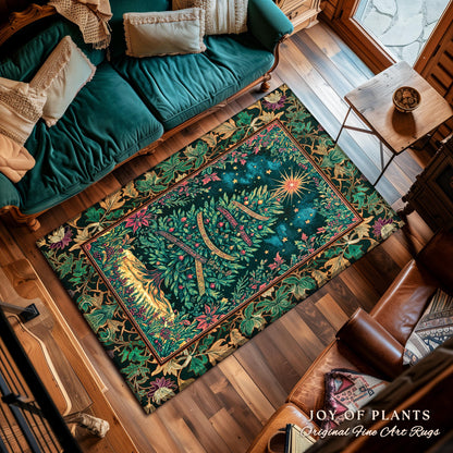 Twinkling Stars Holiday Tree Rug | Christmas Area Rug Whimsical Gold Ornament Evergreen Decor Traditional Ornate Winter Home Festive Look |