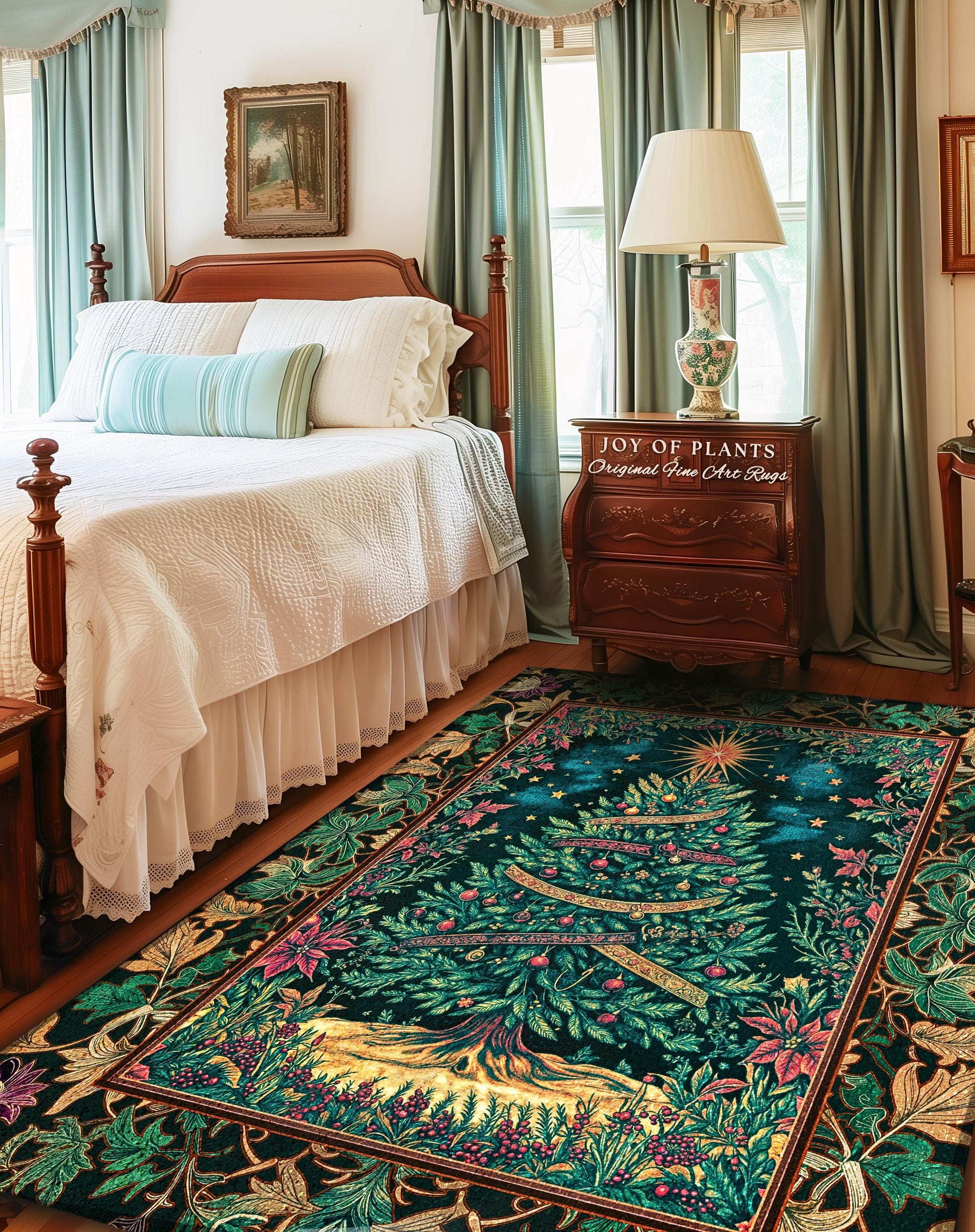 Twinkling Stars Holiday Tree Rug | Christmas Area Rug Whimsical Gold Ornament Evergreen Decor Traditional Ornate Winter Home Festive Look |