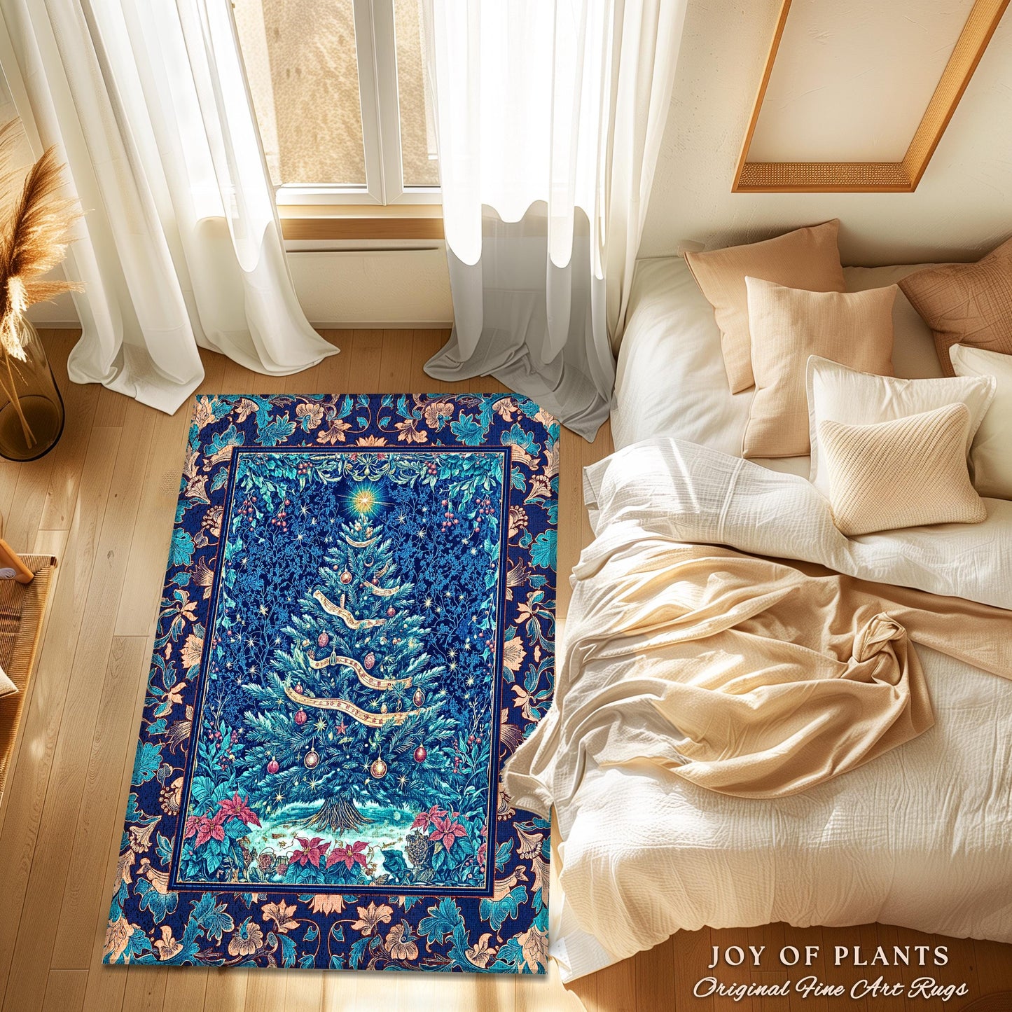 Winter Blue Festive Aesthetic Rug | French Farmhouse Rustic Christmas Winter Wonderland Area Rug Blue Ethereal Holiday Theme Bohemian Accent