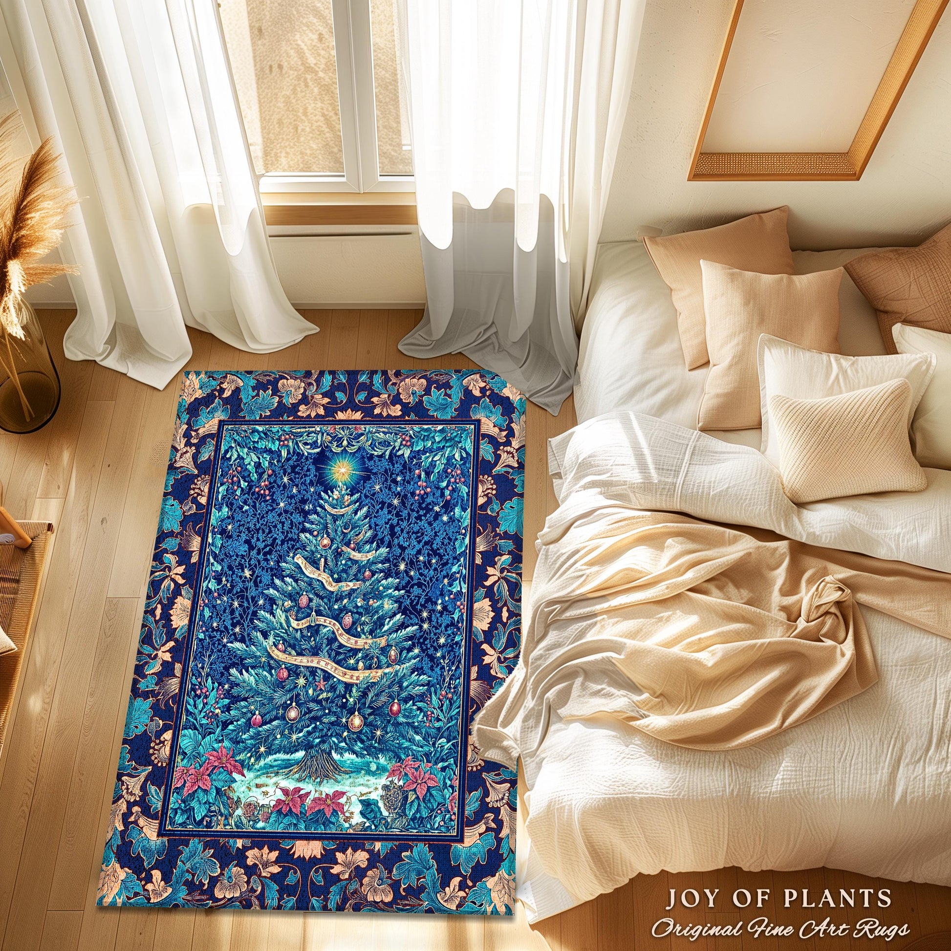 Winter Blue Festive Aesthetic Rug | French Farmhouse Rustic Christmas Winter Wonderland Area Rug Blue Ethereal Holiday Theme Bohemian Accent