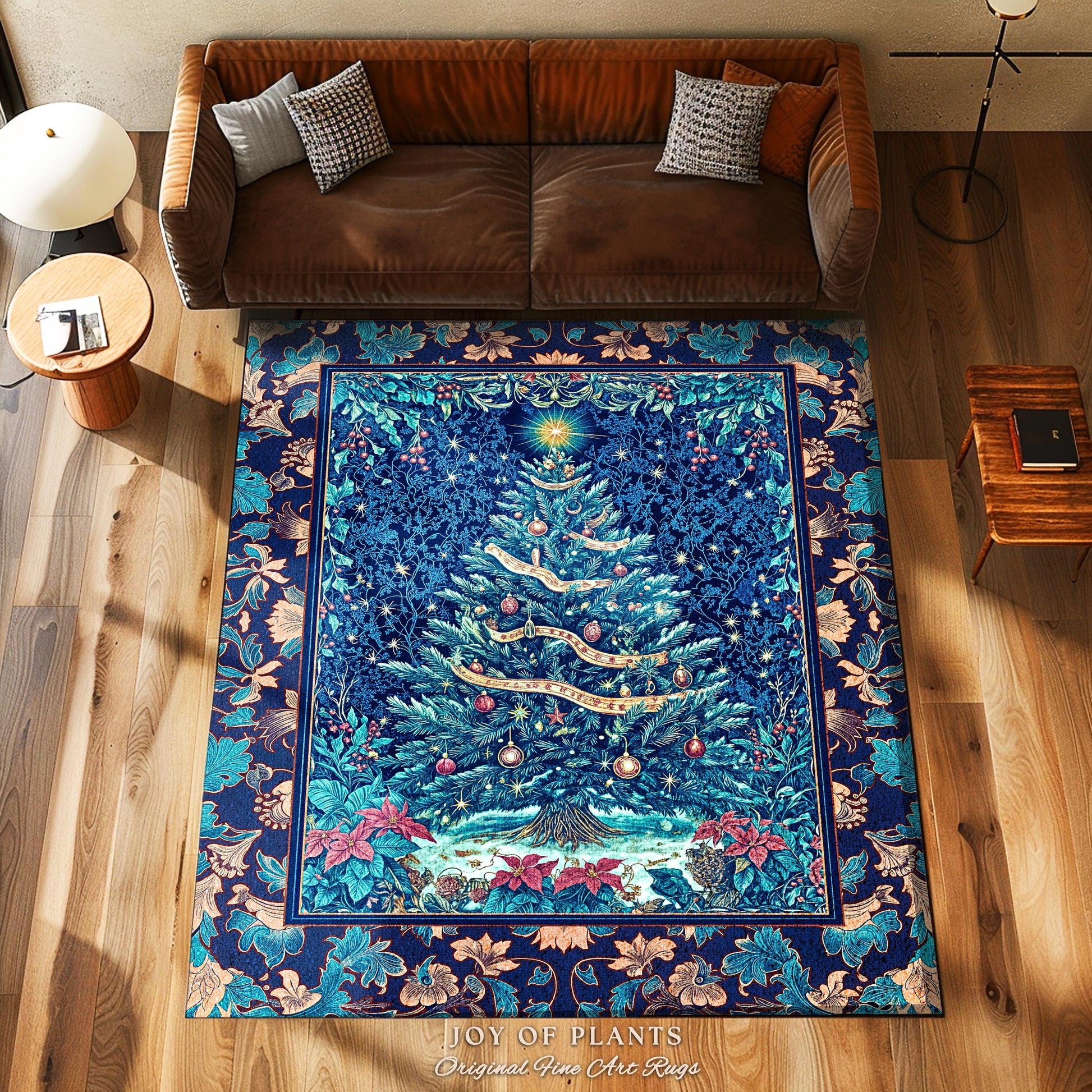 Winter Blue Festive Aesthetic Rug | French Farmhouse Rustic Christmas Winter Wonderland Area Rug Blue Ethereal Holiday Theme Bohemian Accent