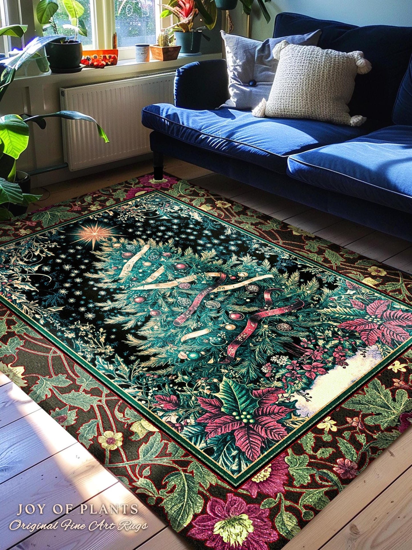 Nostalgic Christmas Tree Area Rug | Classic Aesthetic Holiday Accent Cozy Starry Night Rug Vintage Winter Decor Cottagecore Style Ornate |