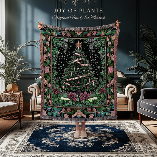 Dark Aesthetic Moody Xmas Tree Throw | Whimsigothic Holiday Festive Woven Wall Tapestry Rustic Farmhouse Couch Blanket for Christmas Boho |