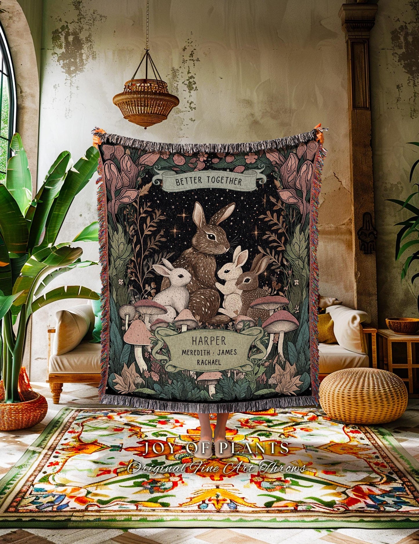 Family Bunnies Personalized Woven Tapestry | Woodland Cottagecore Throw Blanket Celestial Decor Custom Names Gift Sentimental From Children