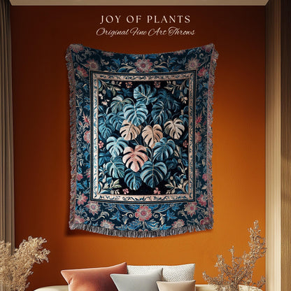 Serene Monstera Forest Tapestry | Enchanted Tropigoth Bedroom Woven Blanket Whimsical Cottagecore Houseplant Lover Mystic Aesthetic Throw |