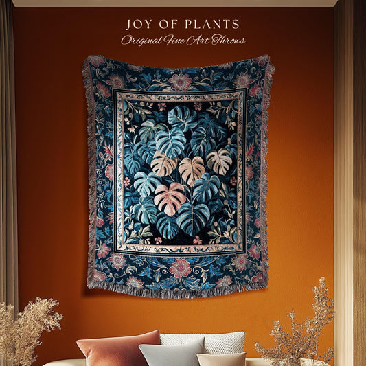 Serene Monstera Forest Tapestry | Enchanted Tropigoth Bedroom Woven Blanket Whimsical Cottagecore Houseplant Lover Mystic Aesthetic Throw |