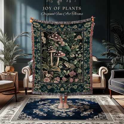 Fairytale Forest Mushroom Frog Tapestry | Trendy Aesthetic Cottagecore Botanical Woven Blanket for Emerald Green Funky Woodland Book Nook |