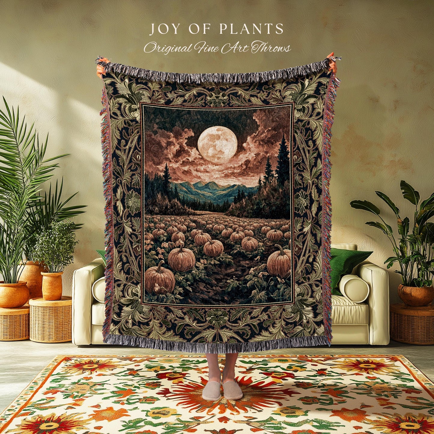 Witchy Aesthetic Woodland Autumn Throw | Cozy Gothic Whimsigoth Vibes Spooky Pumpkin Patch Decor Fall Accent Rustic Halloween Woven Tapestry