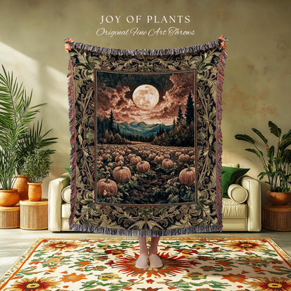 Witchy Aesthetic Woodland Autumn Throw | Cozy Gothic Whimsigoth Vibes Spooky Pumpkin Patch Decor Fall Accent Rustic Halloween Woven Tapestry