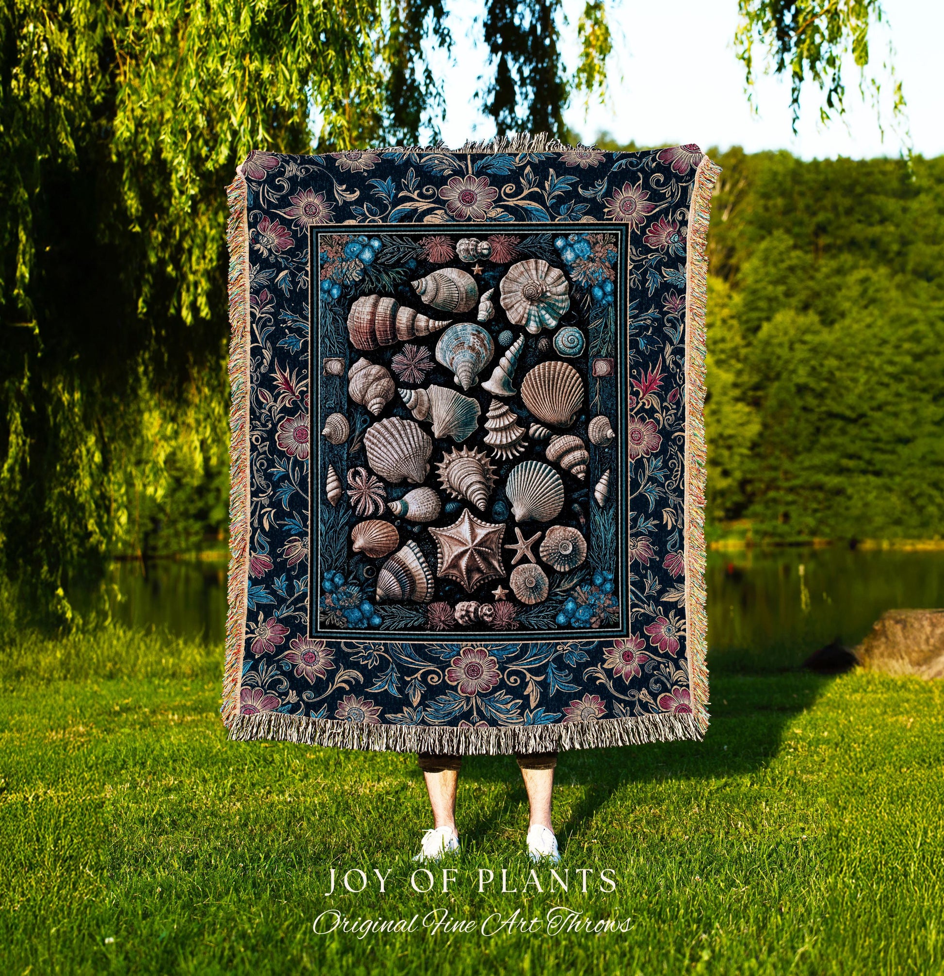 Colorful Nautical Aesthetic Throw Blanket | Ocean Inspired Lake Home Accent Seashell Woven Wall Tapestry Summer Beach Aesthetic Mermaidcore