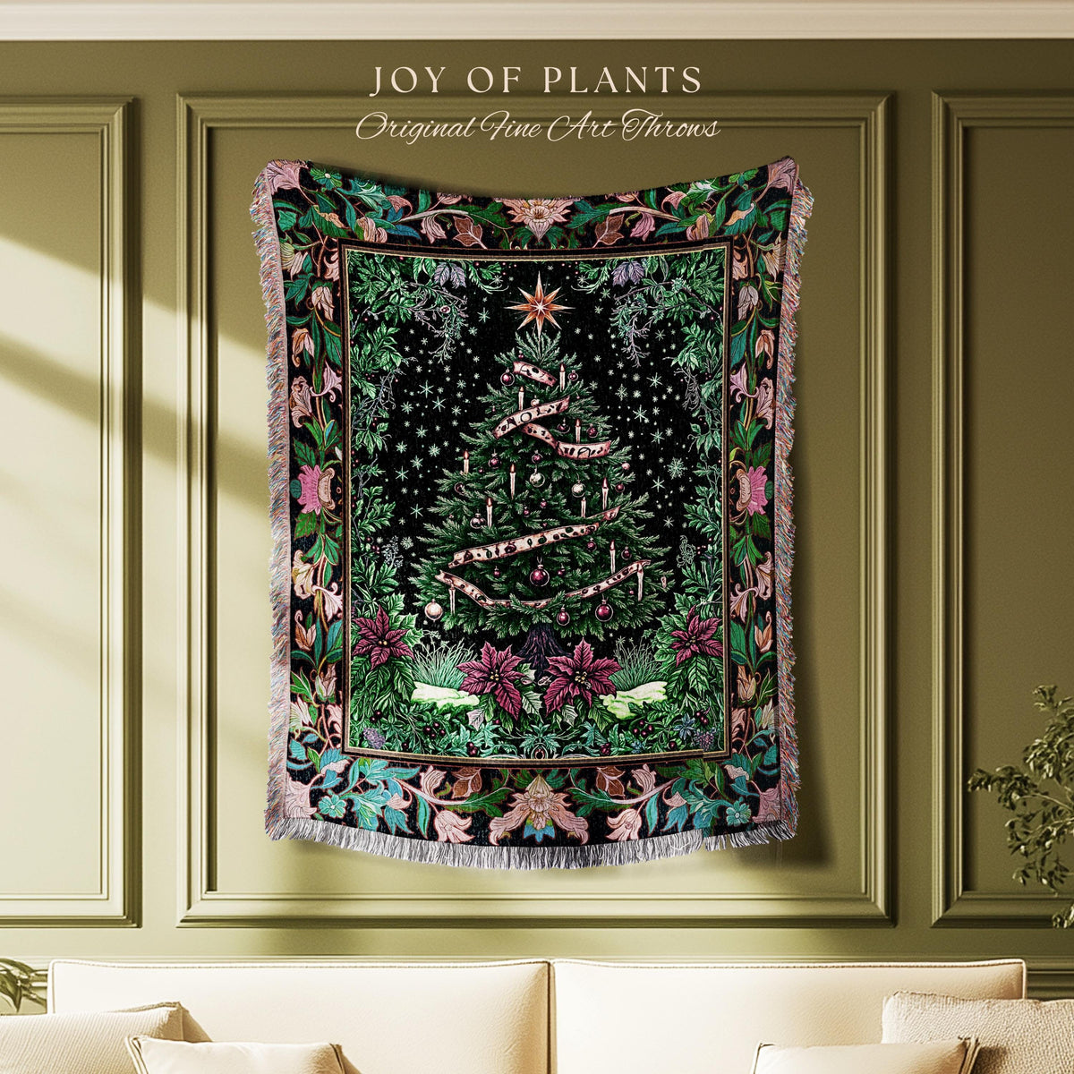Dark Aesthetic Moody Xmas Tree Throw | Whimsigothic Holiday Festive Woven Wall Tapestry Rustic Farmhouse Couch Blanket for Christmas Boho |
