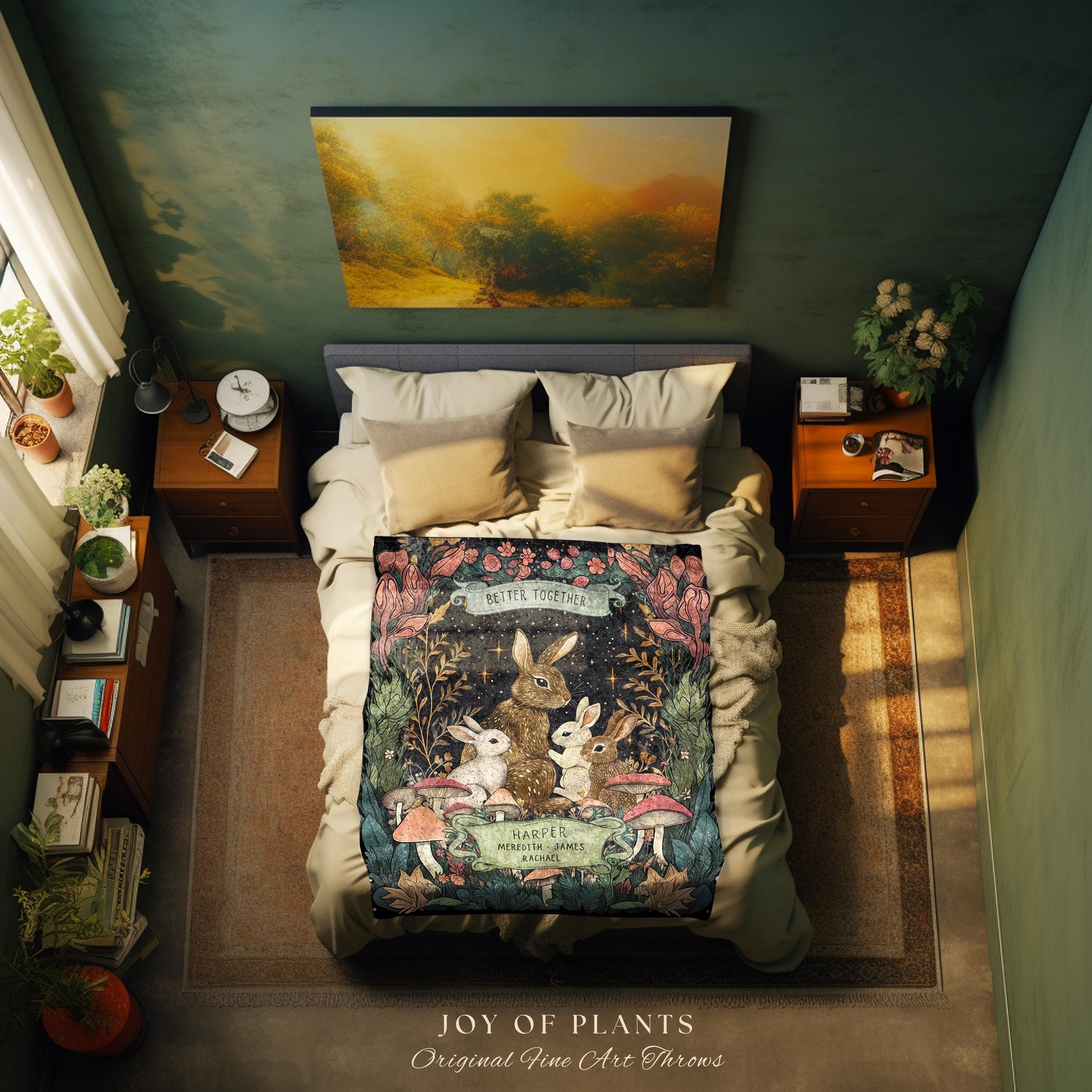 Family Bunnies Personalized Woven Tapestry | Woodland Cottagecore Throw Blanket Celestial Decor Custom Names Gift Sentimental From Children