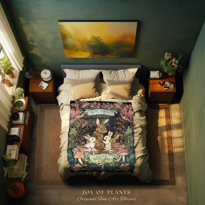 Family Bunnies Personalized Woven Tapestry | Woodland Cottagecore Throw Blanket Celestial Decor Custom Names Gift Sentimental From Children