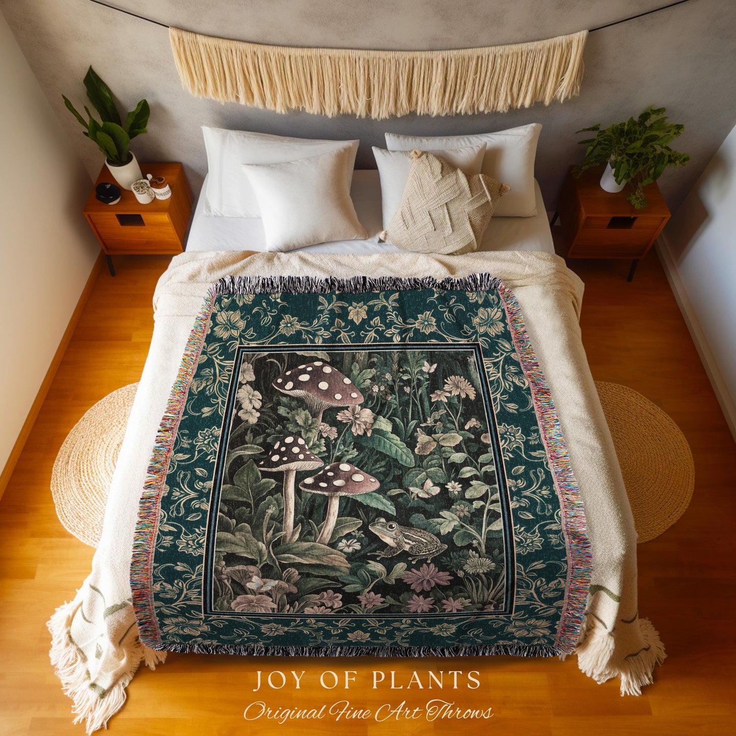 Fairytale Forest Mushroom Frog Tapestry | Trendy Aesthetic Cottagecore Botanical Woven Blanket for Emerald Green Funky Woodland Book Nook |