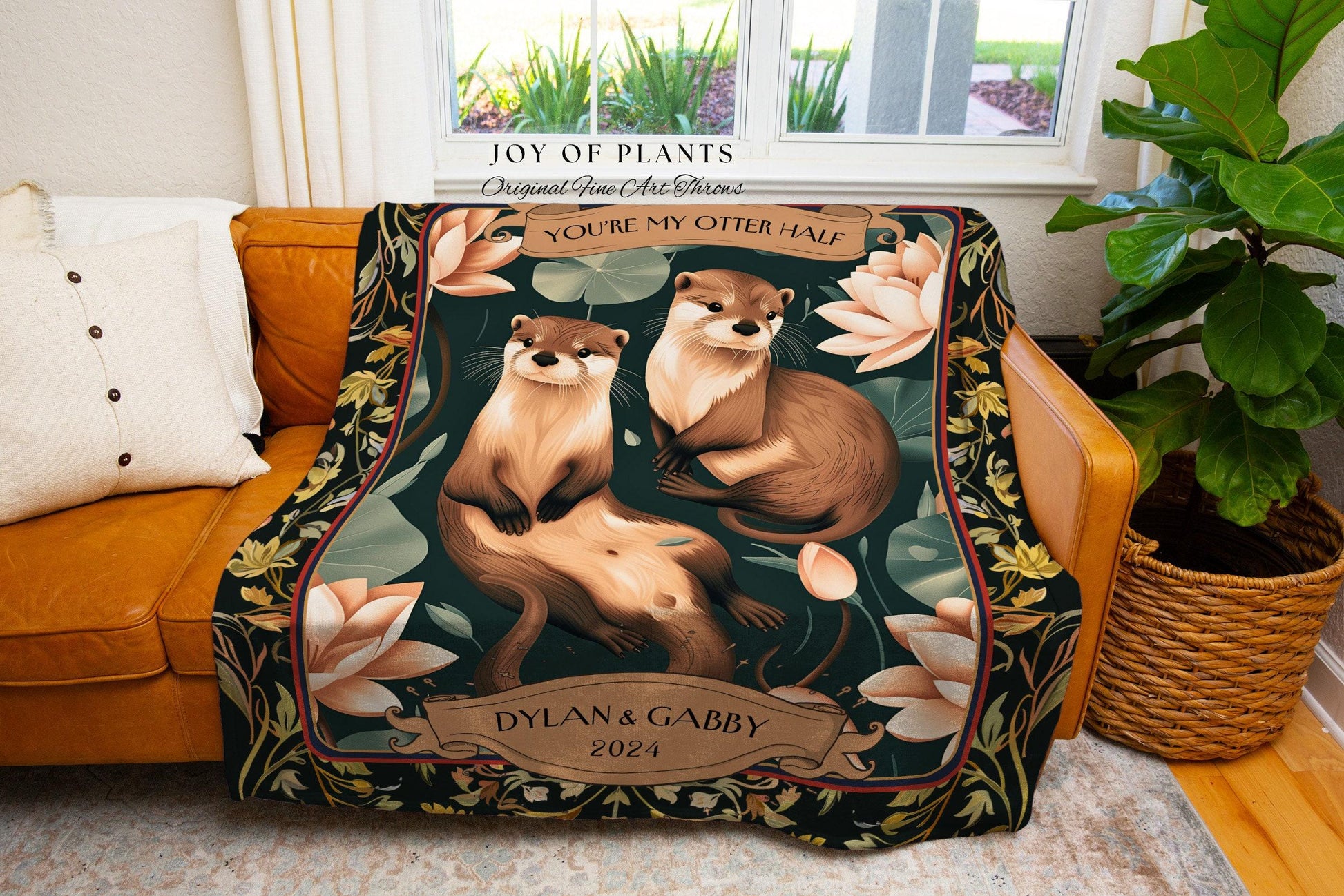 Woodland Otter Couple Custom Blanket | Cottagecore Dating Anniversary Custom Established Date Blanket 'You're my Otter Half' Gift for Wife