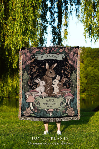 Family Bunnies Personalized Woven Tapestry | Woodland Cottagecore Throw Blanket Celestial Decor Custom Names Gift Sentimental From Children