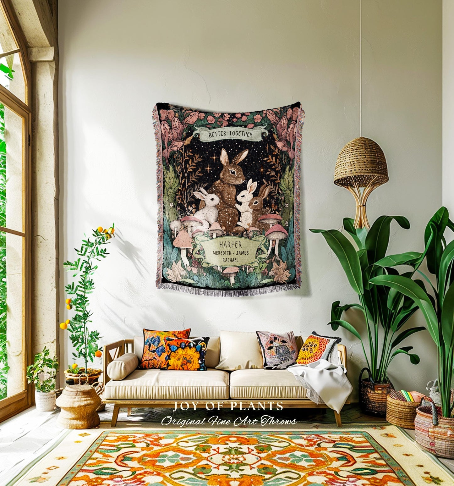 Family Bunnies Personalized Woven Tapestry | Woodland Cottagecore Throw Blanket Celestial Decor Custom Names Gift Sentimental From Children