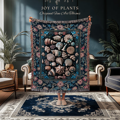 Colorful Nautical Aesthetic Throw Blanket | Ocean Inspired Lake Home Accent Seashell Woven Wall Tapestry Summer Beach Aesthetic Mermaidcore