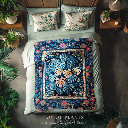 Serene Monstera Forest Tapestry | Enchanted Tropigoth Bedroom Woven Blanket Whimsical Cottagecore Houseplant Lover Mystic Aesthetic Throw |