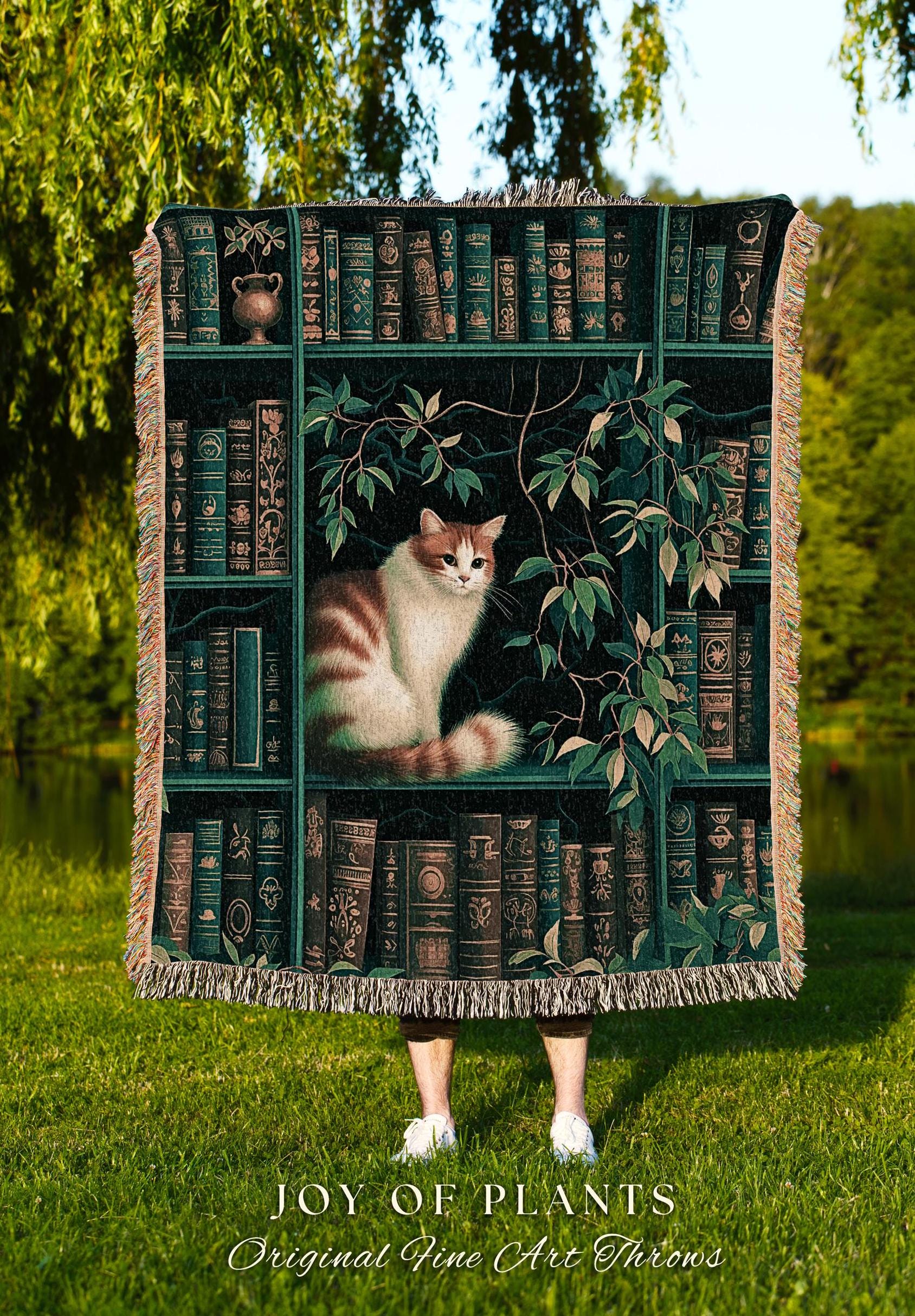 Forest Green Botanical Library Cat Lovers Blanket Cozy Cottagecore Bookshelf Tapestry Throw, Vintage Reading Nook Academia Plant Lover Decor