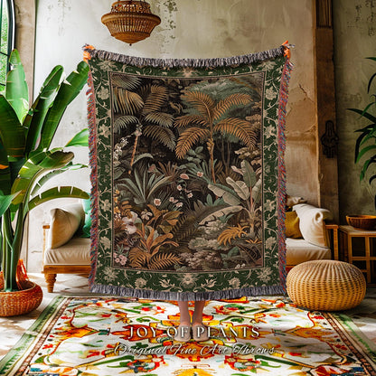 Maximalist Botanical Jungle Throw Blanket | Exotic Leaf Tropical Nature Theme Bedroom Decor Vintage Elegance Living Room Woven Tapestry |