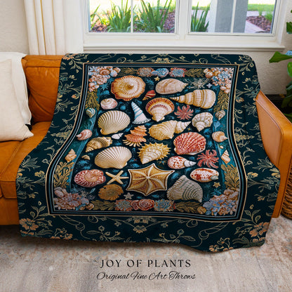 Eclectic Shell Collage Cozy Throw Blanket | Summer Beach House Nautical Bedding Maximalist Aesthetic Mermaidcore Coastal Woven Wall Tapestry