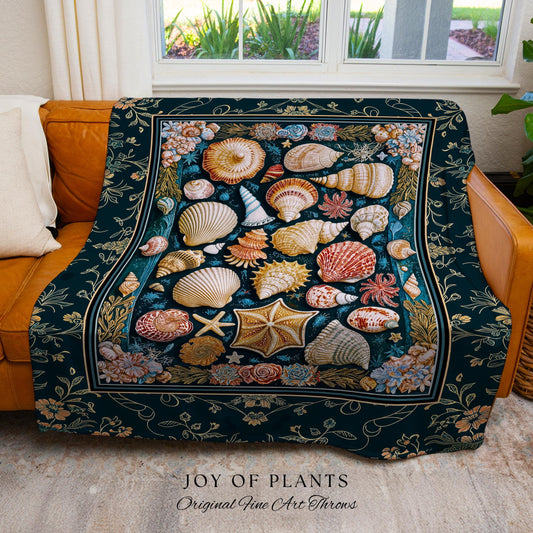 Eclectic Shell Collage Cozy Throw Blanket | Summer Beach House Nautical Bedding Maximalist Aesthetic Mermaidcore Coastal Woven Wall Tapestry