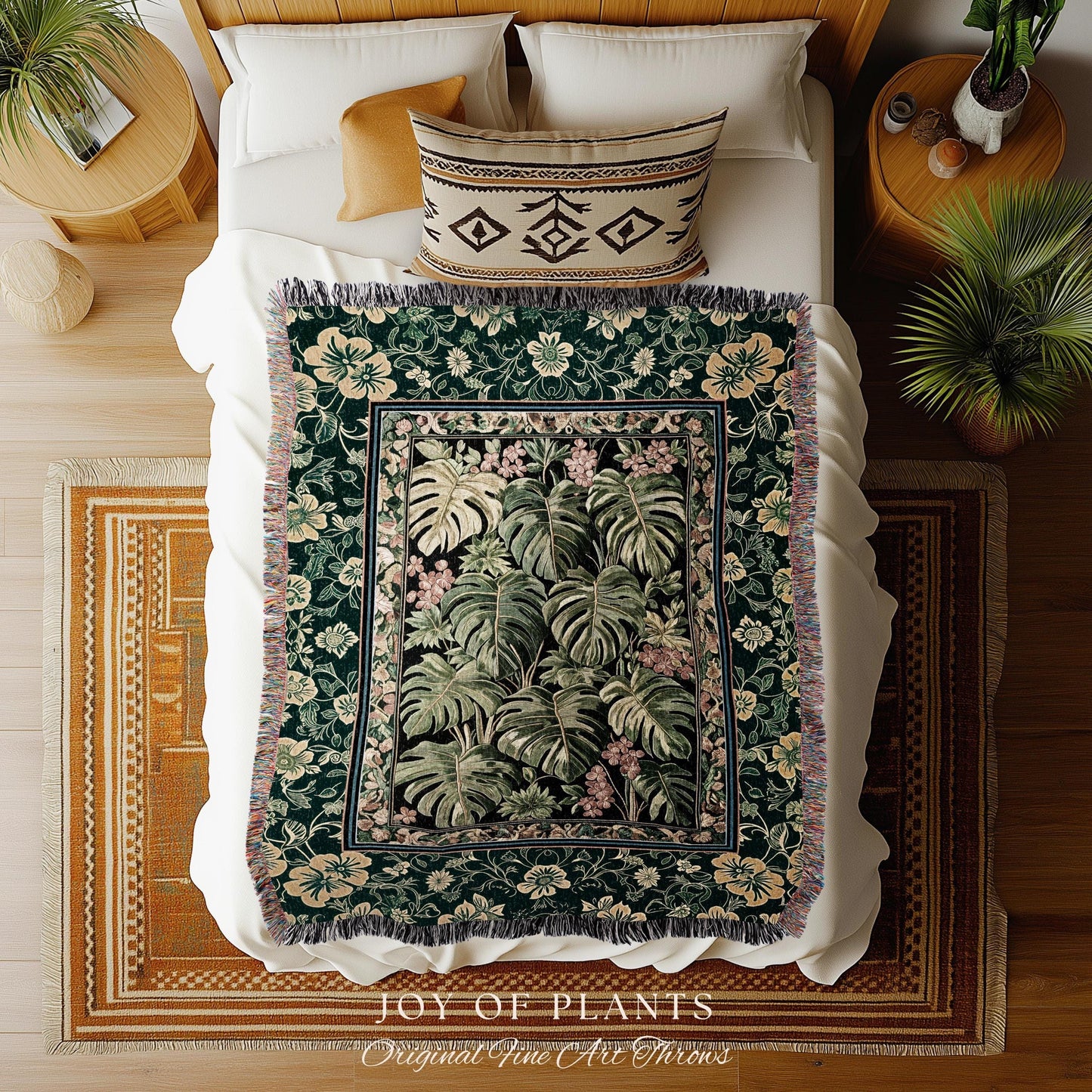 Verdant Flora Jungle Leaves Blanket | Maximalist Forestcore Tapestry Woven Wall Art Whimsical Plant Themed Cottagecore Inspired Home Decor